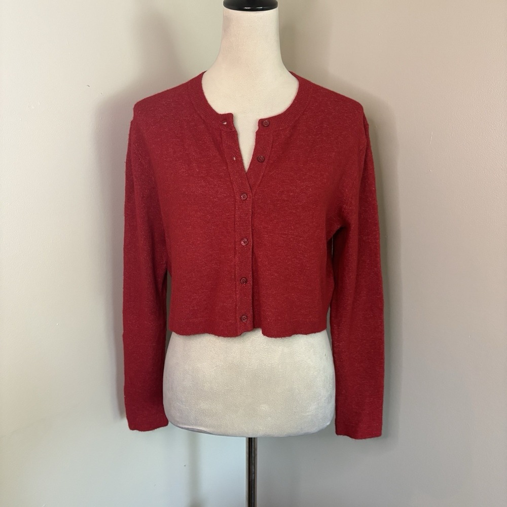 Aritzia Wilfred SoftSpoke Sicily Cardigan Red Marled Crop Wool Cashmere XS EUC